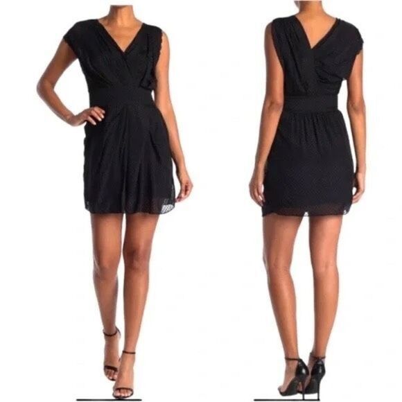 REISS Leonora Silk Textured Draped Wrap Front Textured Sleeveless Mini dress Bla - Picture 1 of 16
